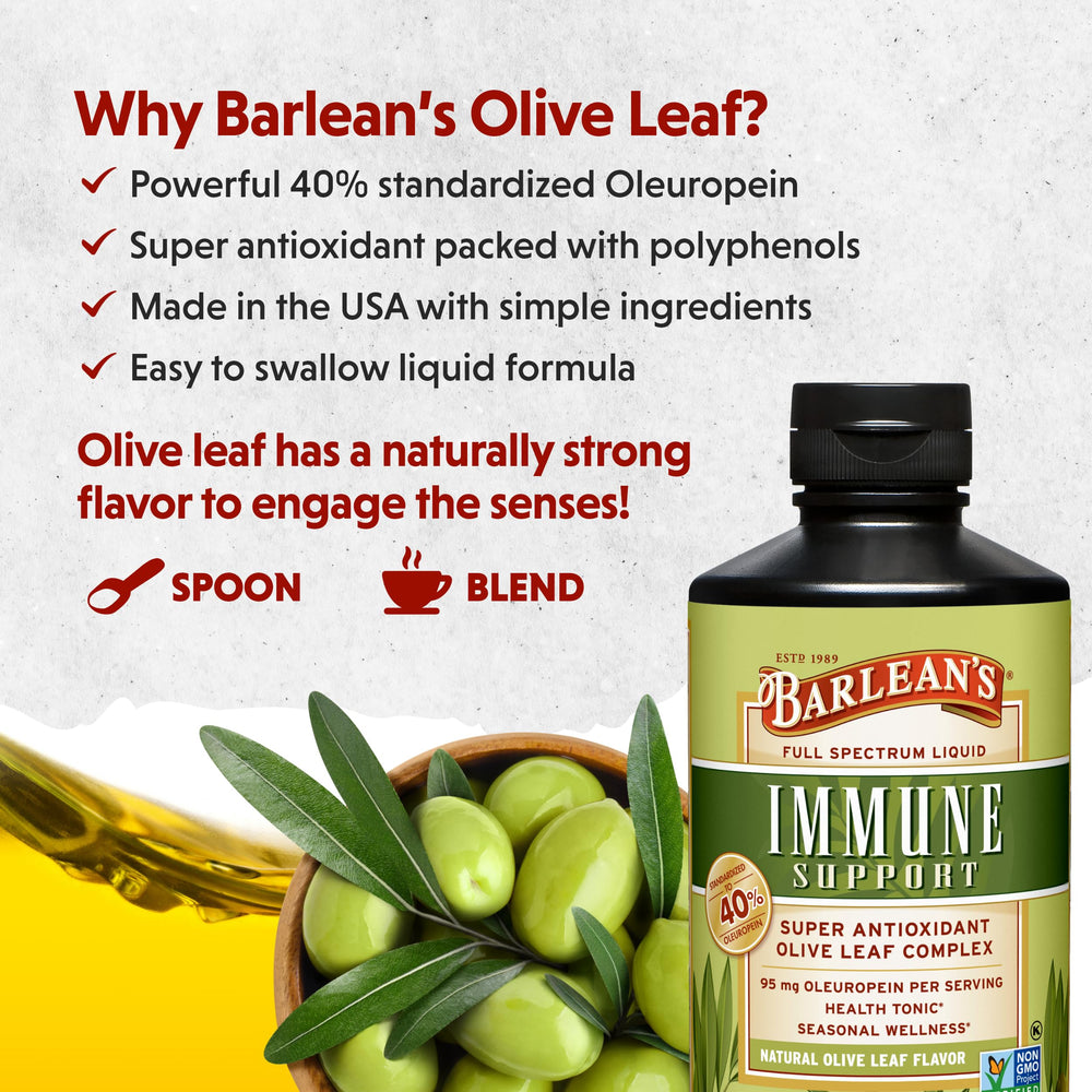 Barlean's Olive Leaf Complex label closeup highlights 40% oleuropein potency