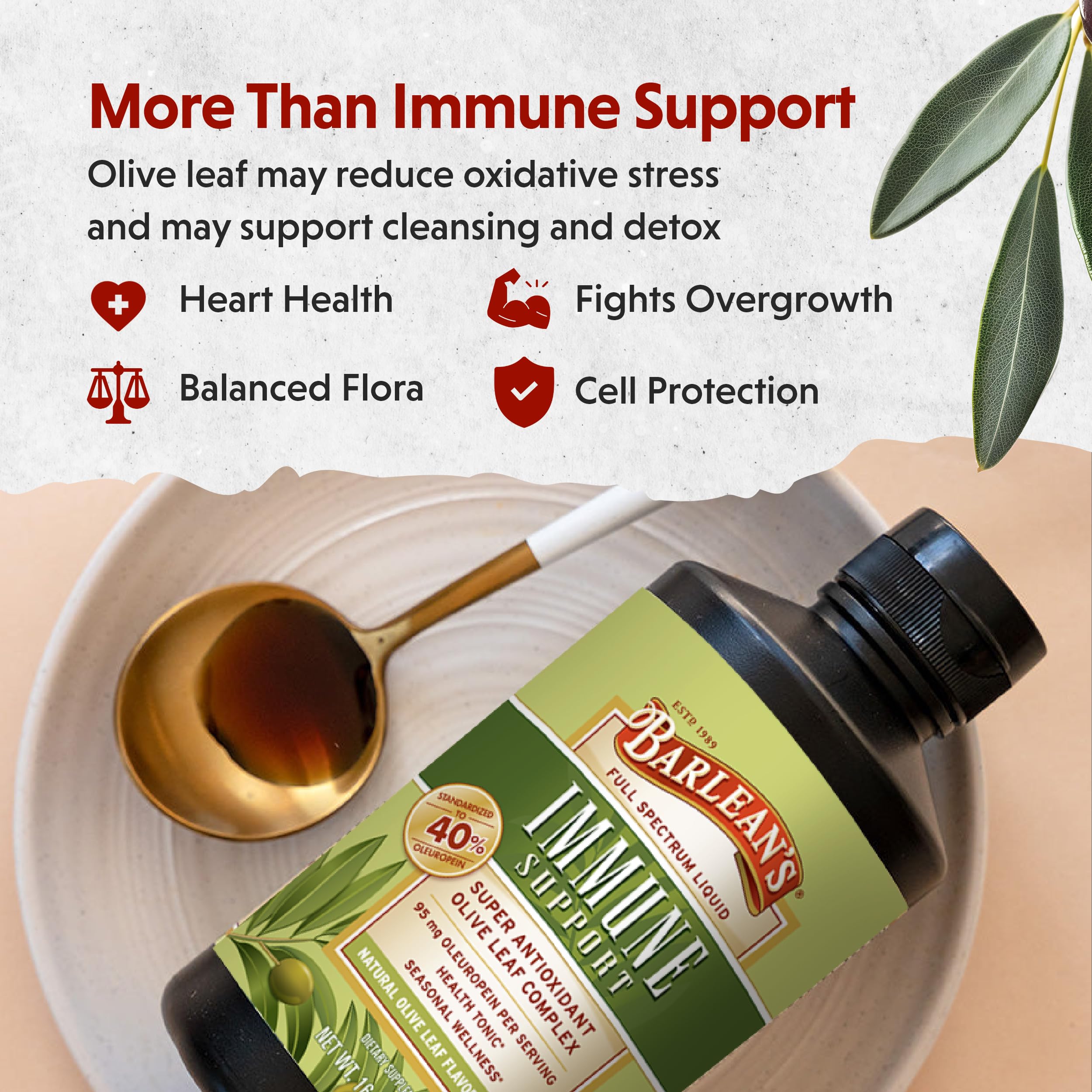 Barlean's Olive Leaf Complex bottle label highlighting 95 mg oleuropein.