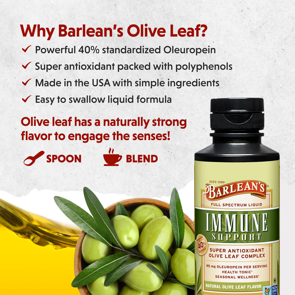 Close-up of Barlean's Olive Leaf Complex liquid rich in oleuropein.