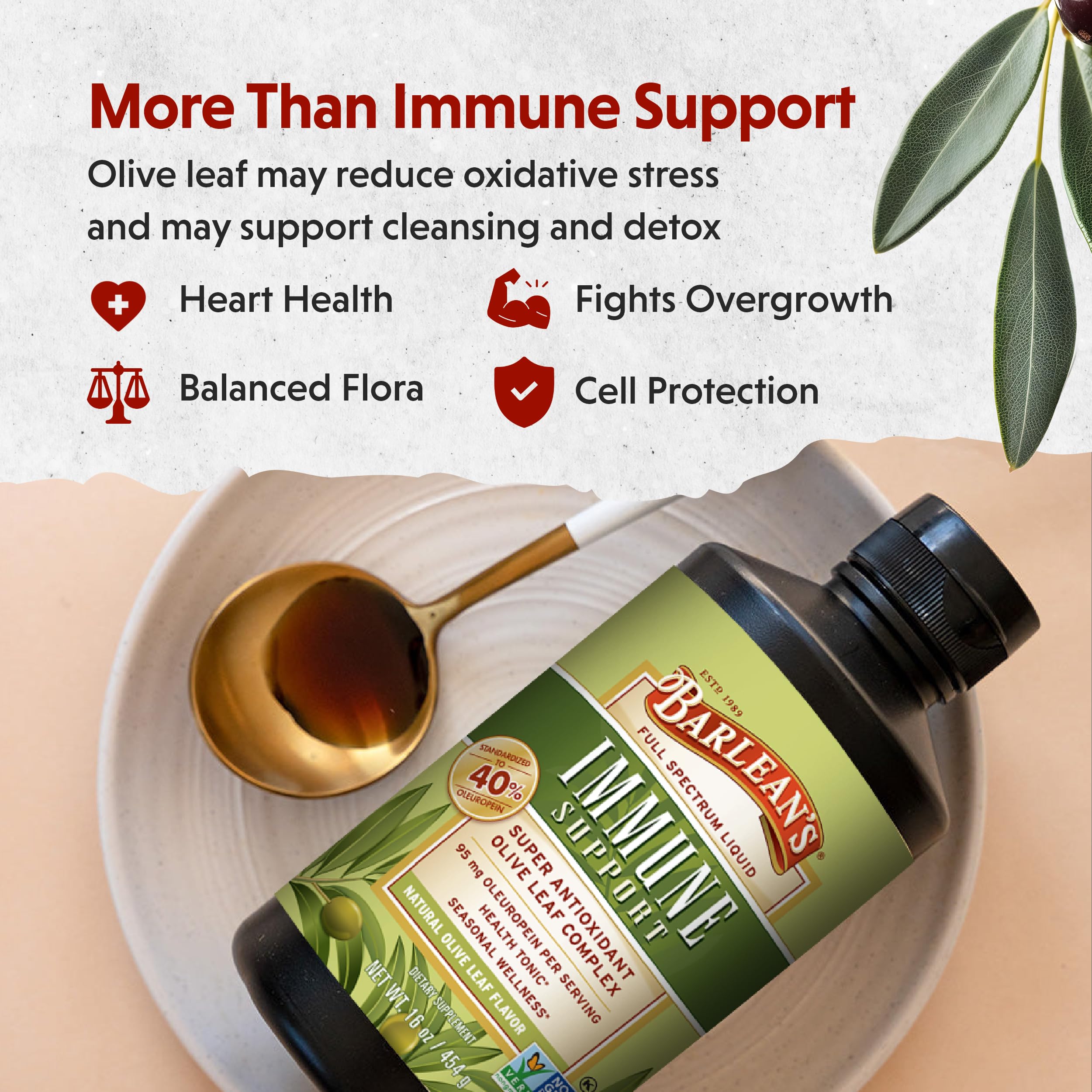 Barlean's Olive Leaf Complex oleuropein content close-up emphasizes antioxidant richness