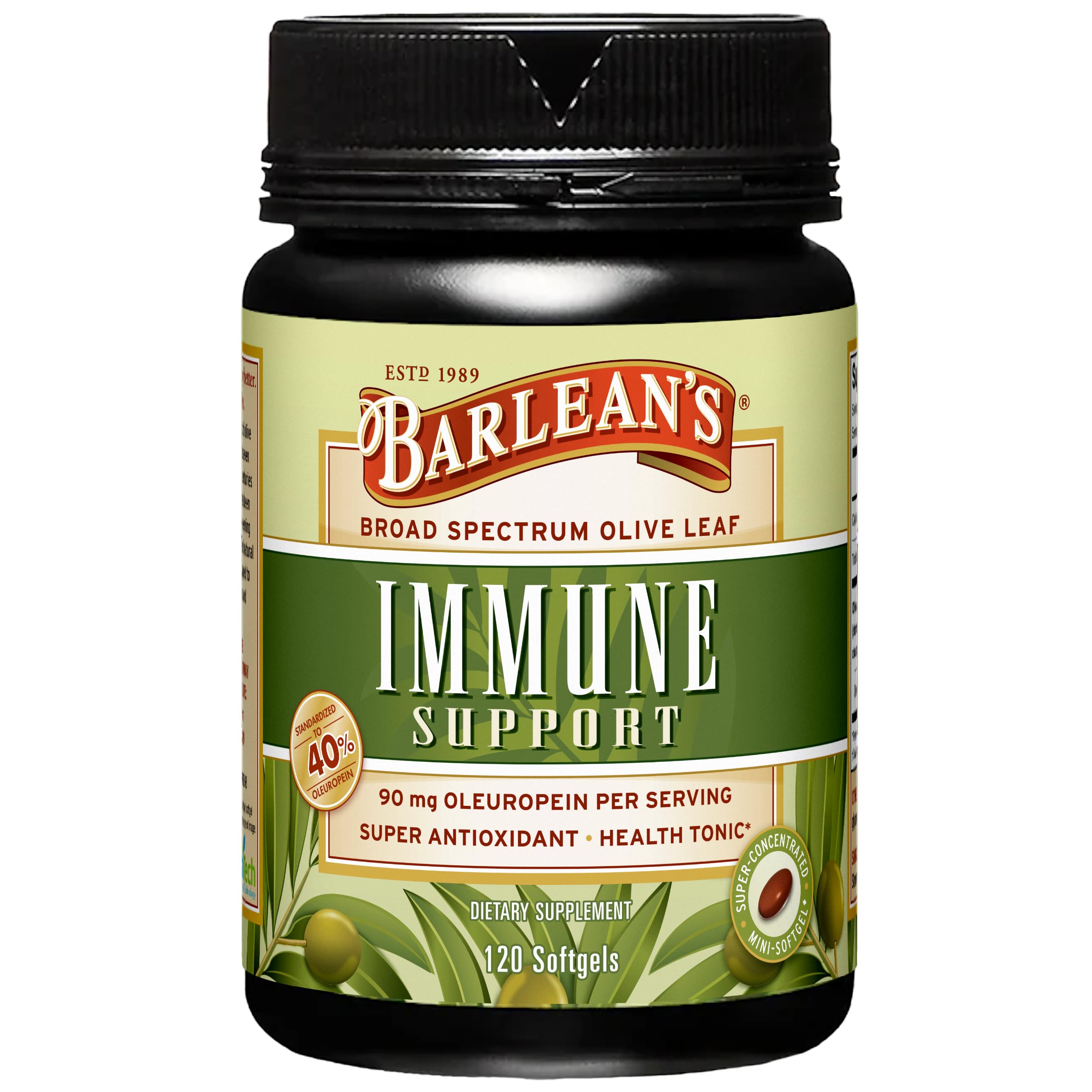 Barlean's Olive Leaf Complex softgels bottle shown for daily immune support.