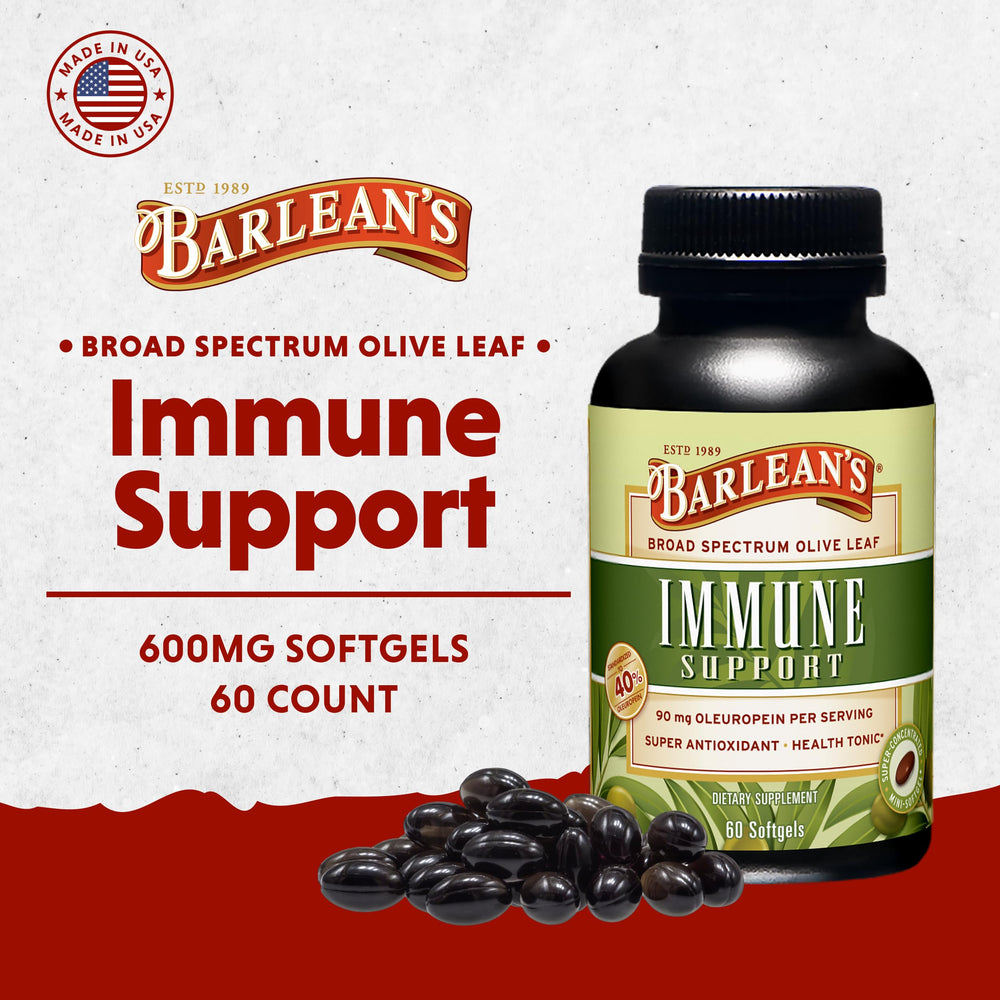 Close-up of Barlean's Olive Leaf Complex capsules for daily immune support.