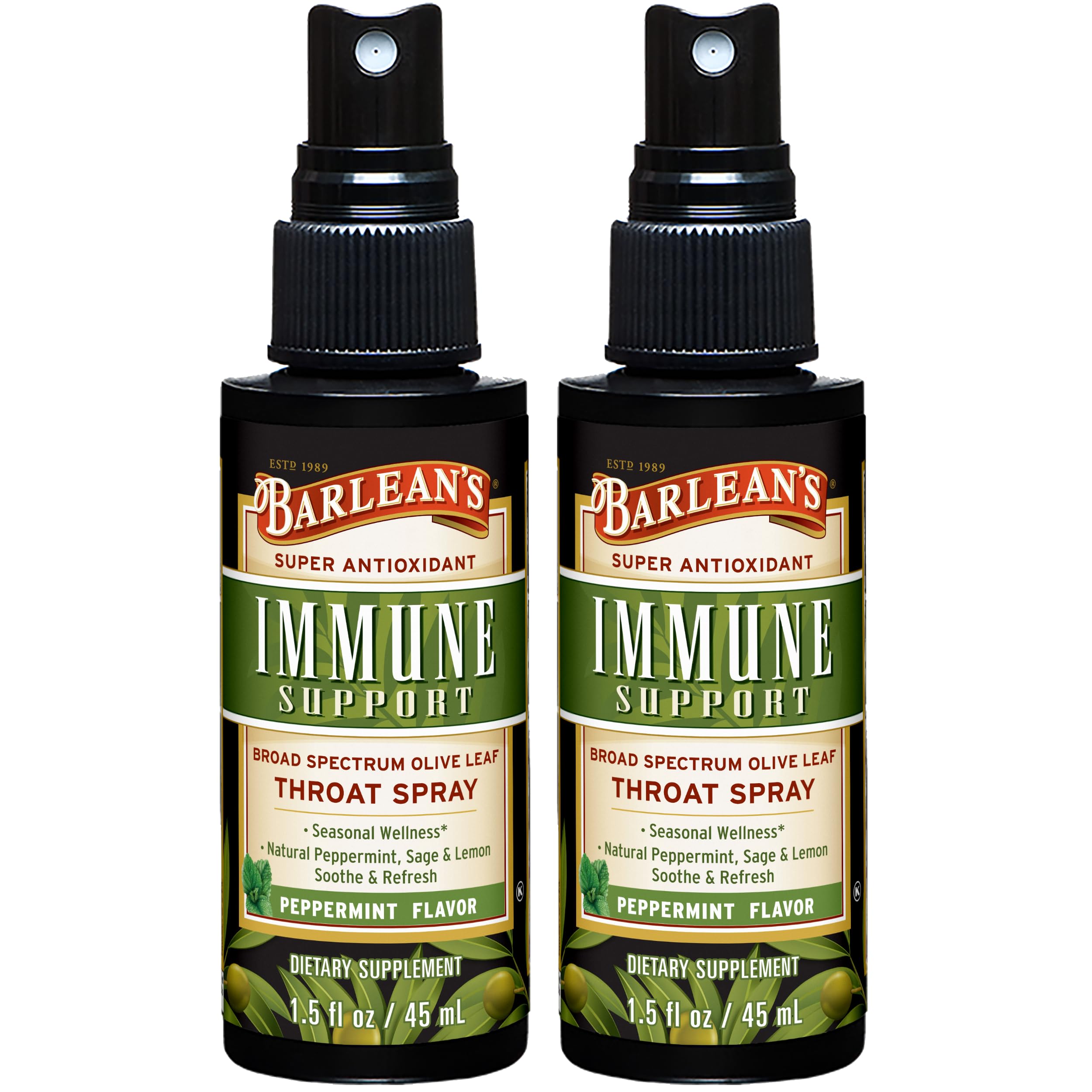 Barlean's Olive Leaf Complex Throat Spray bottle for convenient on-the-go throat relief.