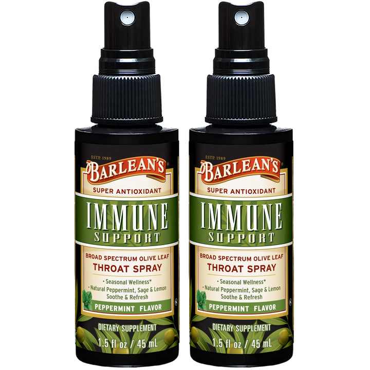 Barlean's Olive Leaf Complex Throat Spray bottle for convenient on-the-go throat relief.