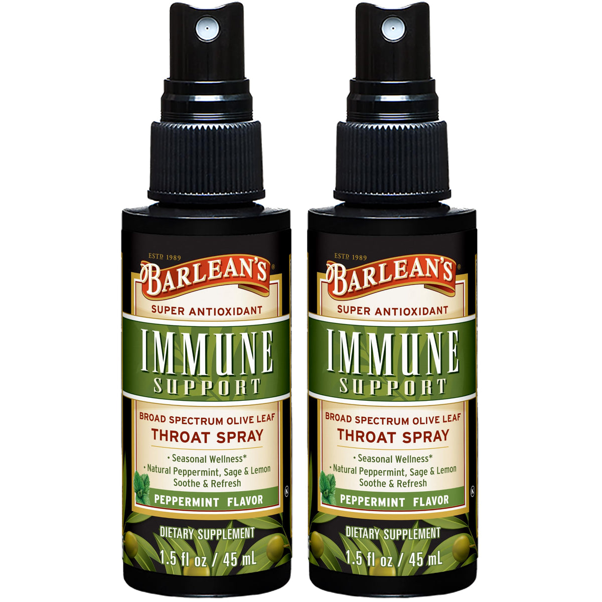Barlean's Olive Leaf Complex Throat Spray bottle for convenient on-the-go throat relief.