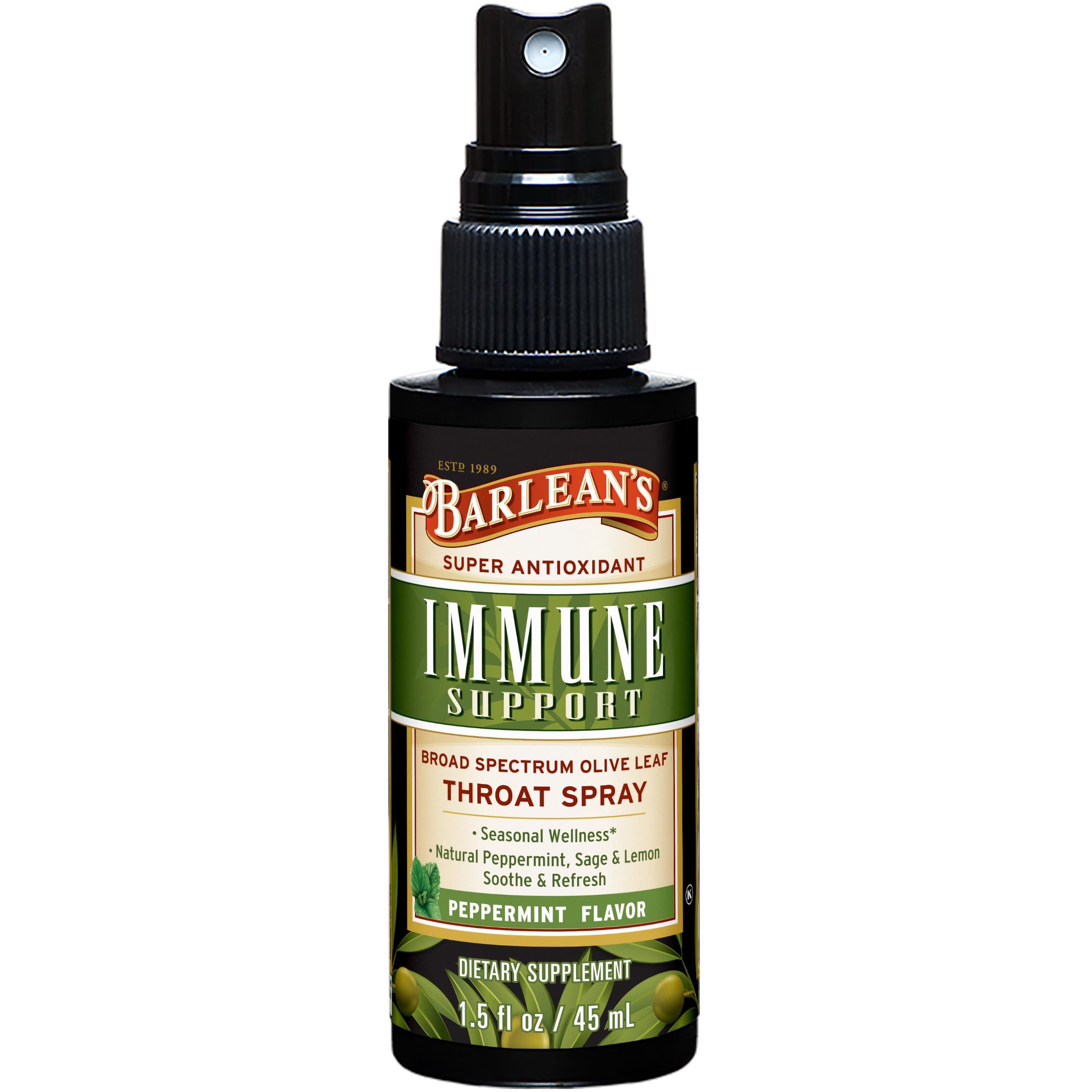 Close-up of Barlean's Olive Leaf Complex Throat Spray label and ingredients