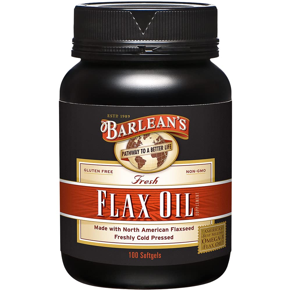 Barlean's Omega-3-6-9 flaxseed oil softgels bottle for easy daily omega support.