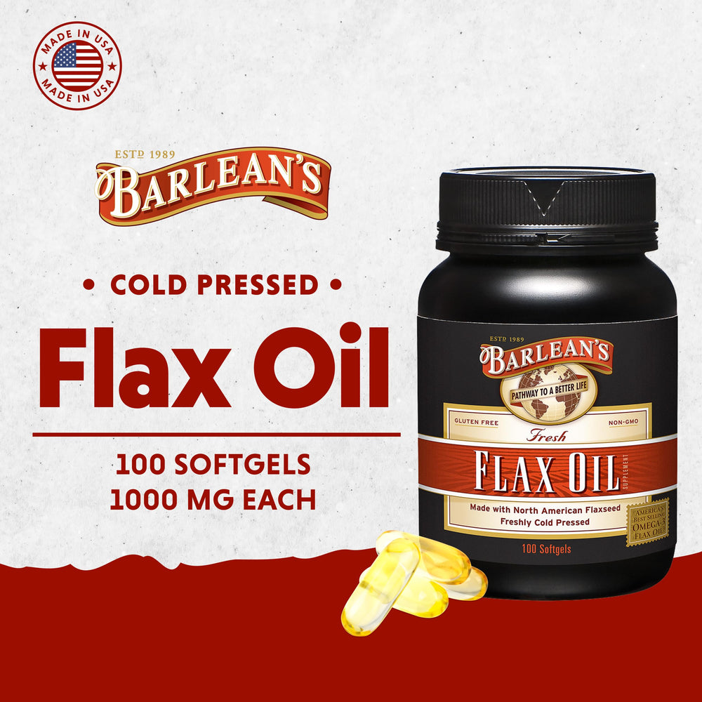 Barlean's softgels close-up showing easy-to-swallow capsules for busy days.