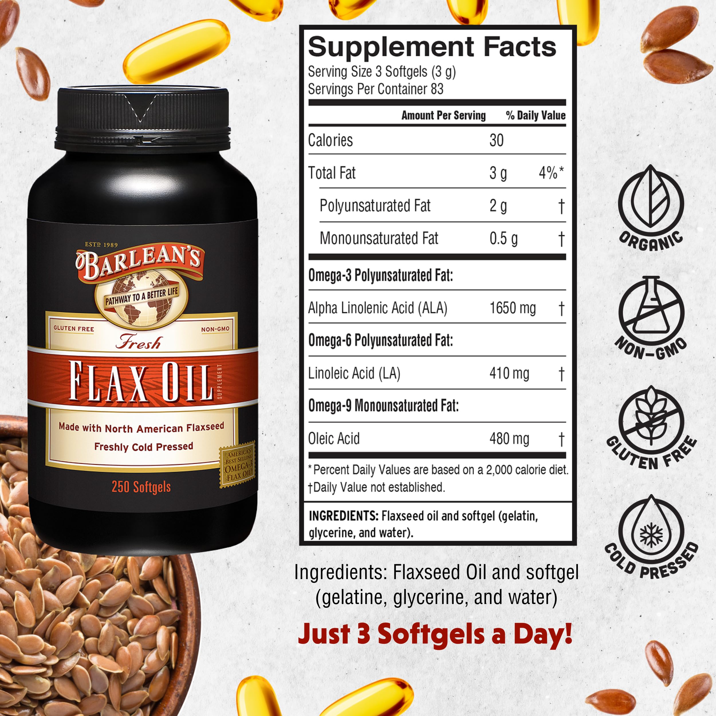 Barlean's fresh flax seeds image emphasizes quality and freshness