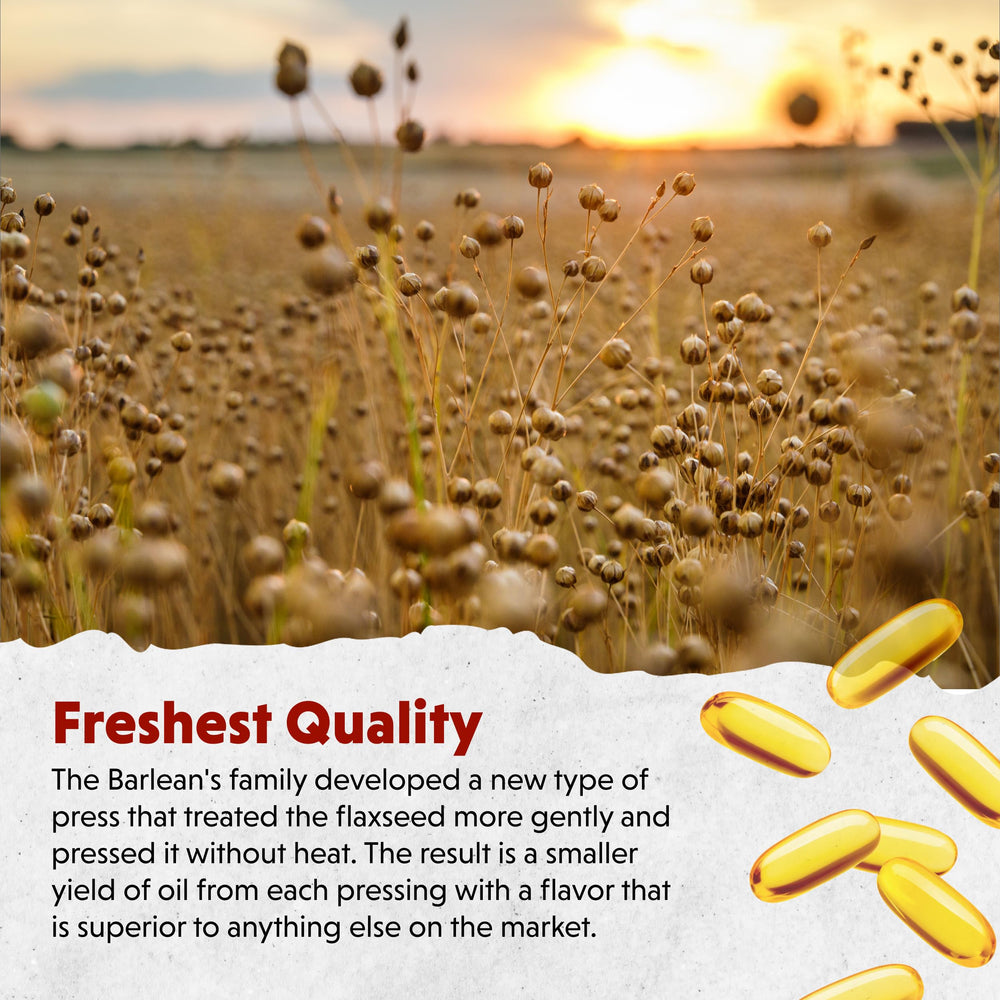 Barlean's flaxseed oil label detail shows non-GMO and gluten-free benefits