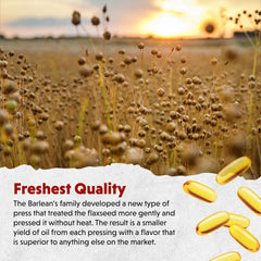 Barlean's flaxseed oil label detail shows non-GMO and gluten-free benefits