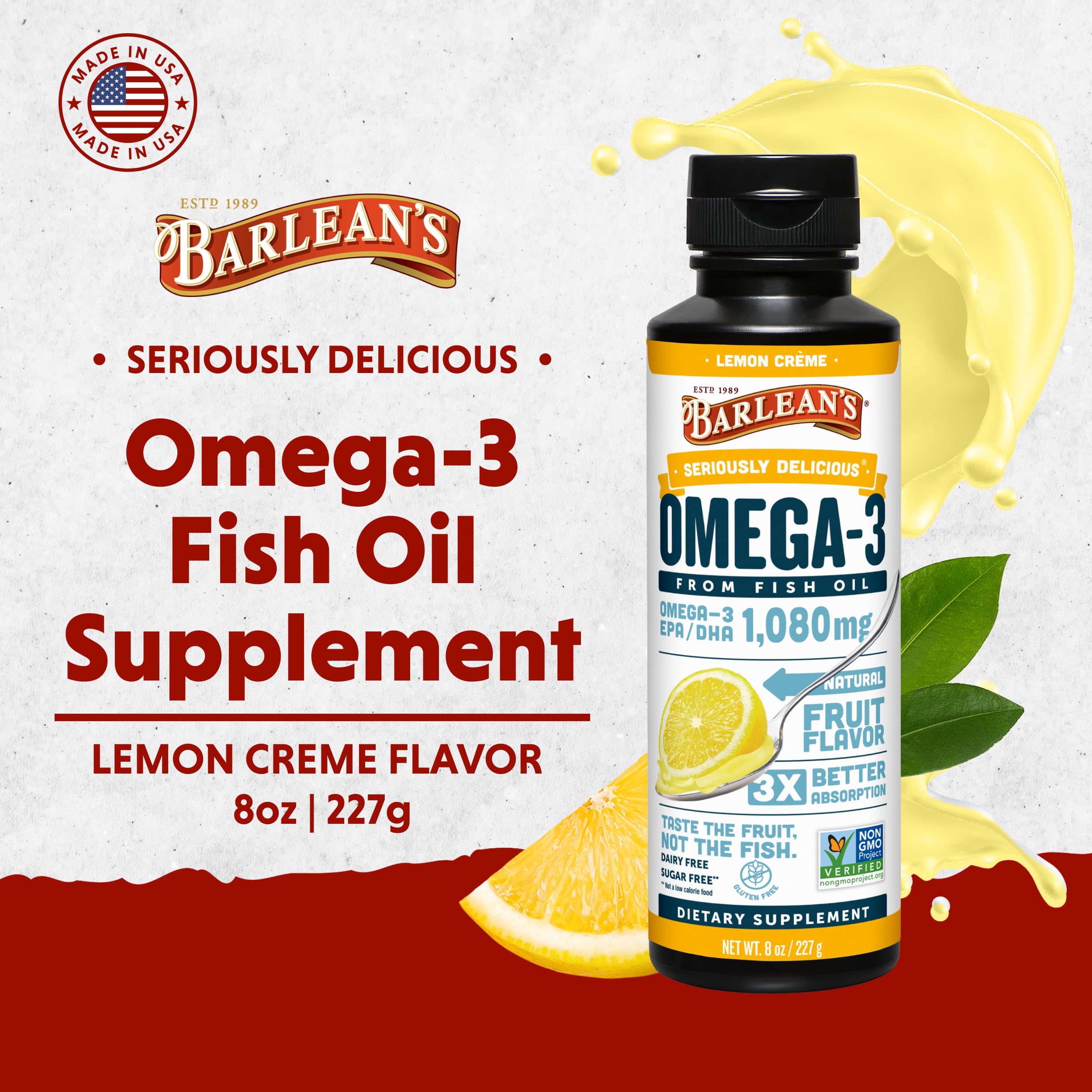 Barlean's Omega-3 bottle pouring into spoon to reveal smooth texture