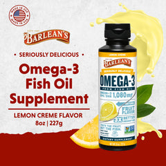 Barlean's Omega-3 bottle pouring into spoon to reveal smooth texture