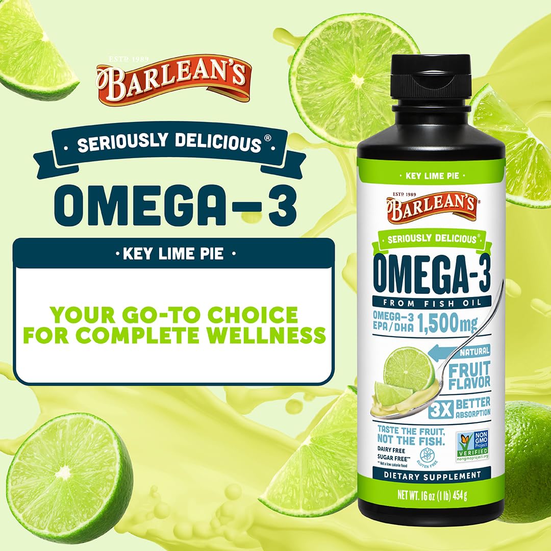 Barlean's Omega-3 bottle pour shows easy dosing and smooth flavor