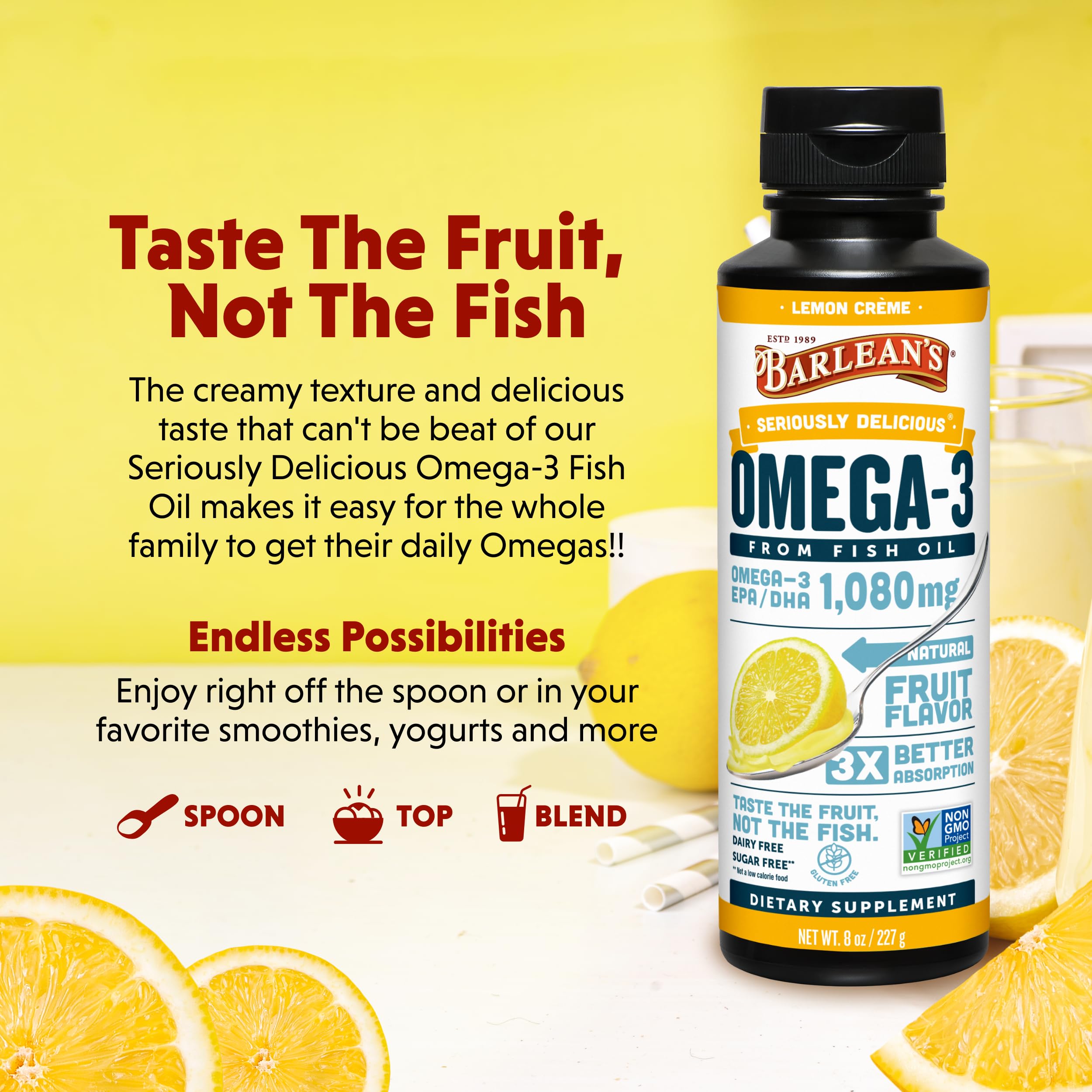 Barlean's Omega-3 Lemon Creme drizzle over yogurt for tasty nutrition