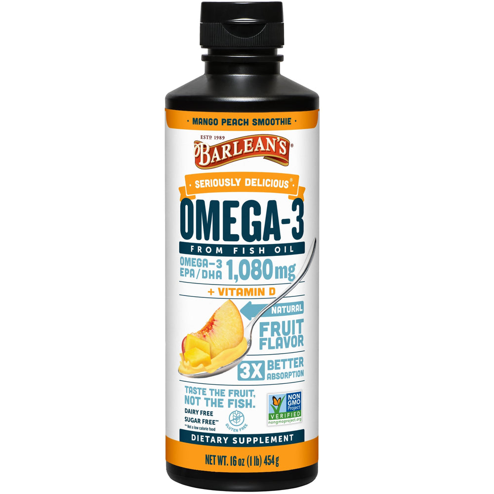 Barlean's Omega-3 fish oil liquid bottle front showing mango peach flavor for daily use