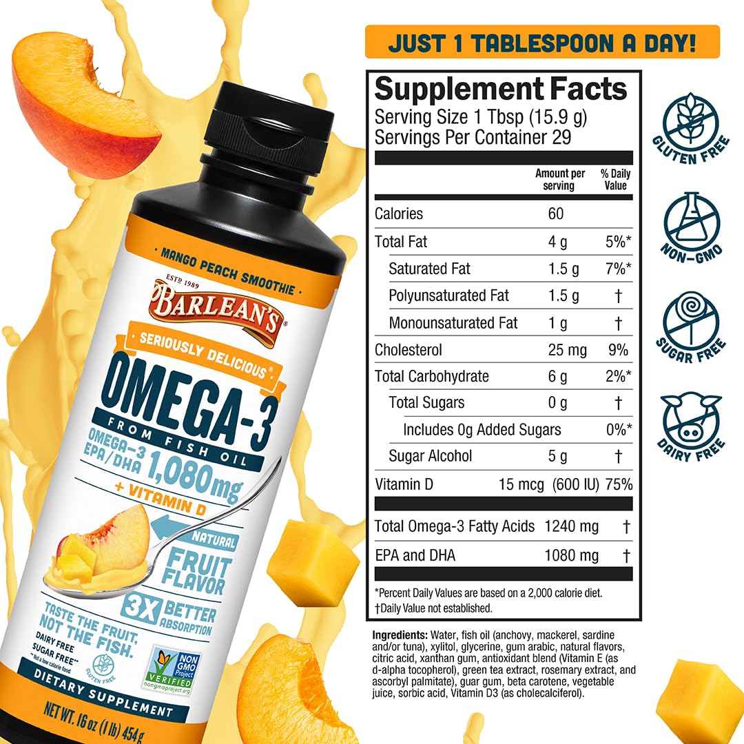 Barlean's Omega-3 liquid poured into a smoothie