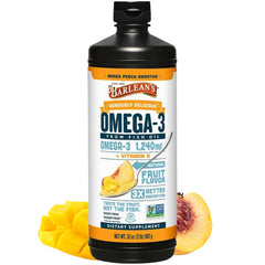 Barlean's Omega-3 Mango Peach liquid pour boosts EPA and DHA with tasty mango flavor