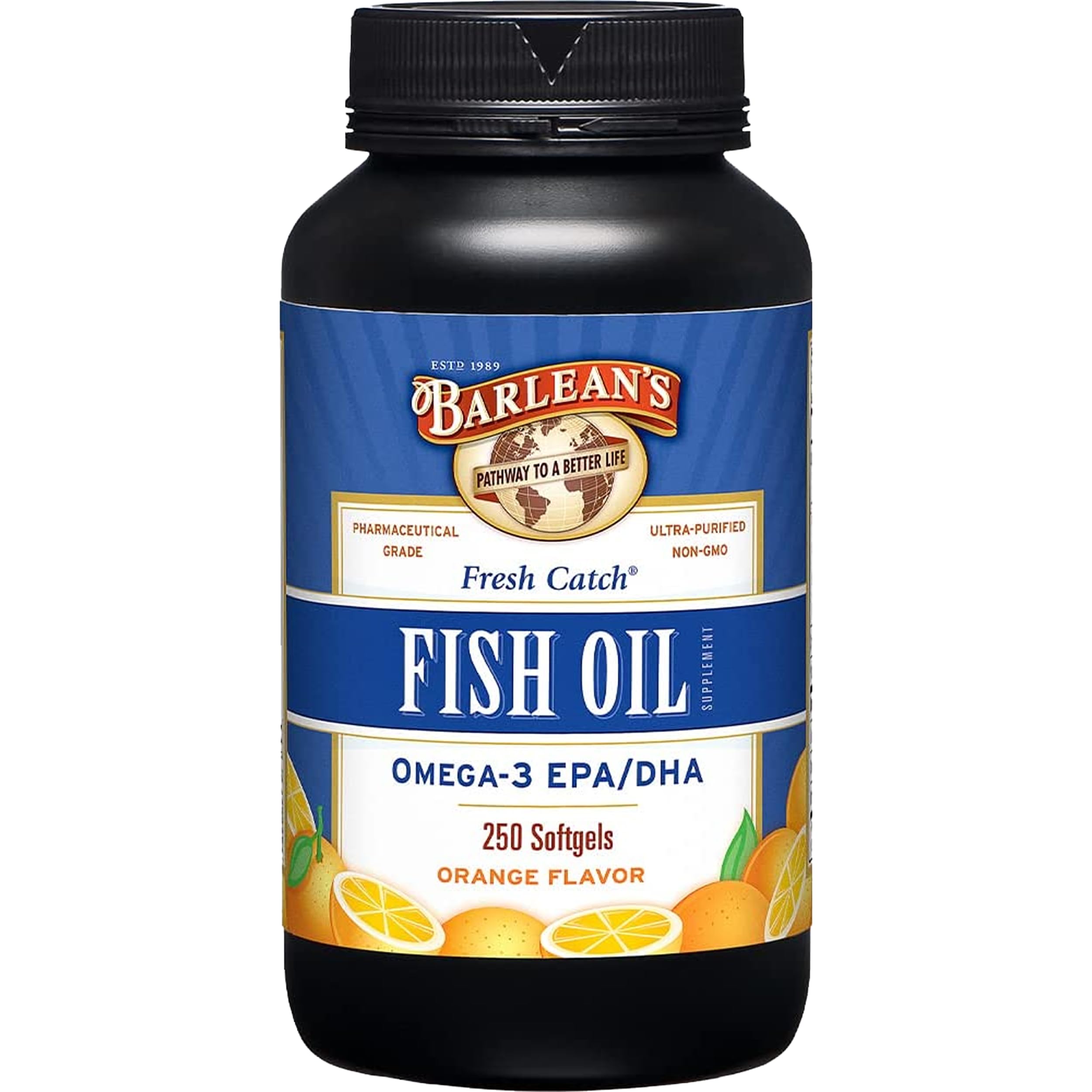 Barlean's Omega-3 softgels bottle pour for easy daily dosing.
