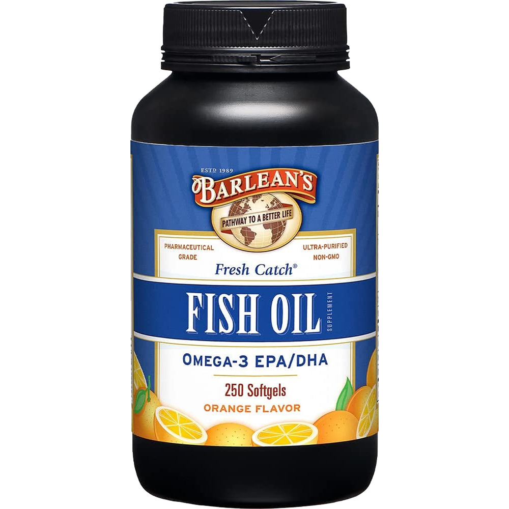 Barlean's Omega-3 softgels bottle pour for easy daily dosing.