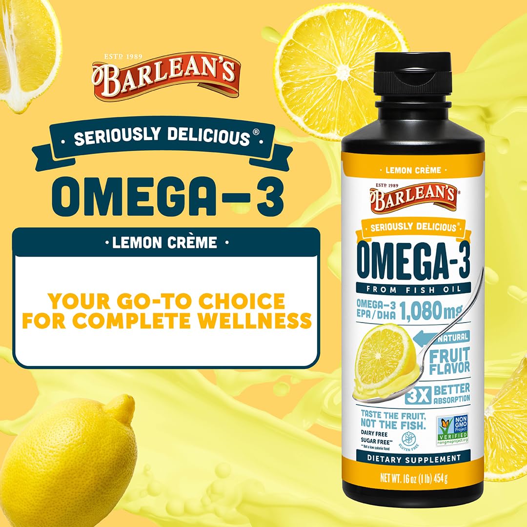 Barlean's Omega-3 Lemon Creme label highlights non-GMO and dairy-free ingredients.