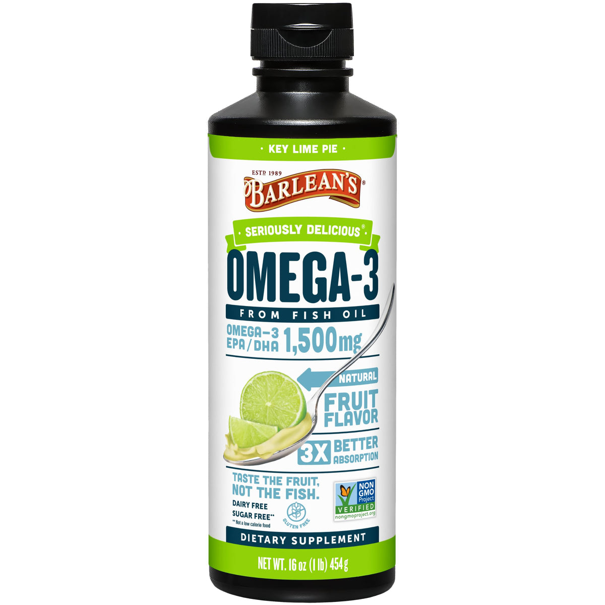 Barlean's Omega-3 liquid bottle Key Lime Pie for daily omega-3 support