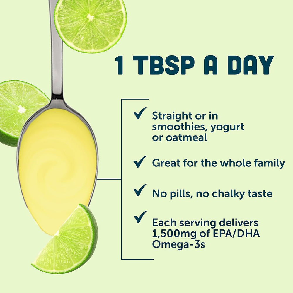 Barlean's Omega-3 spoon serving showing convenient daily intake