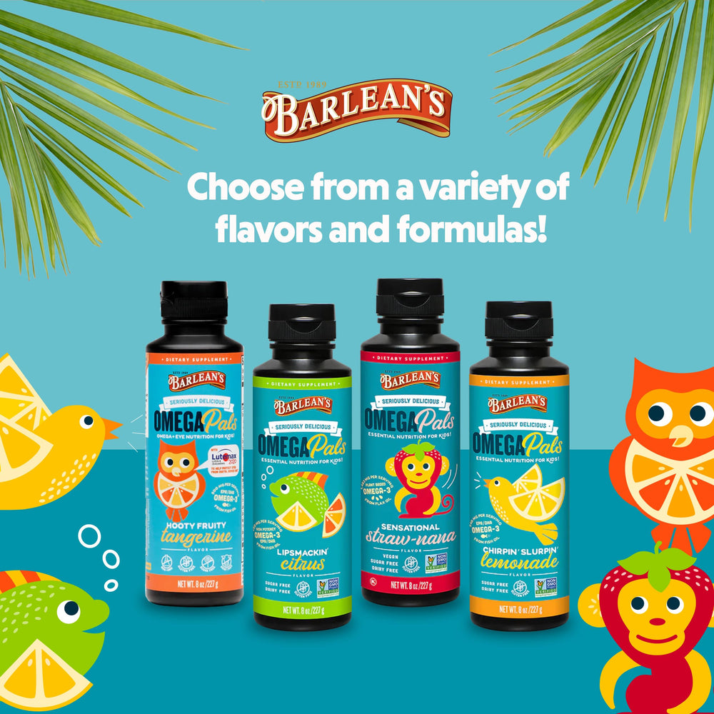 Barlean's Omega Pals bottle on table with glass, kid-friendly daily option.