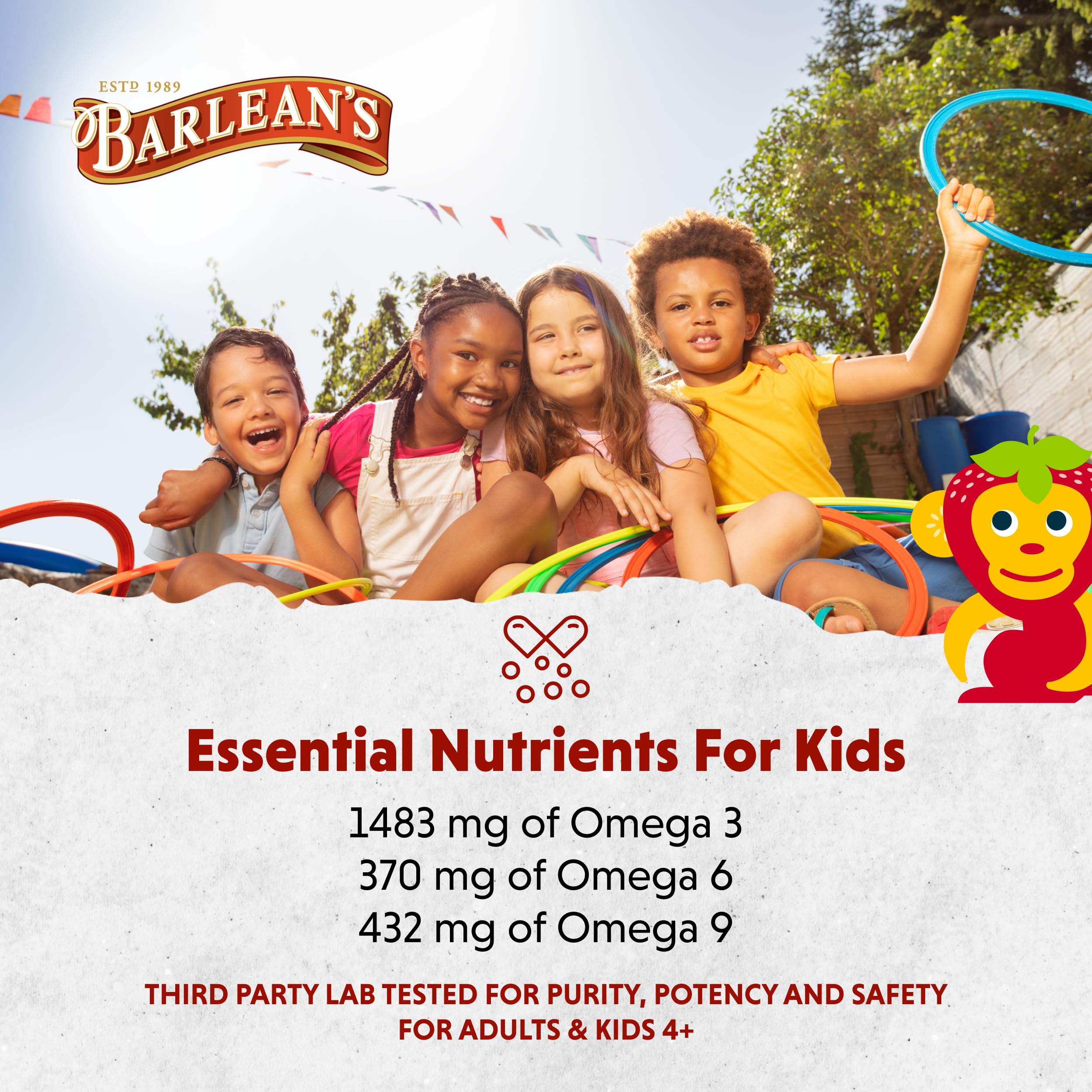Barlean's Omega Pals measuring spoon beside bottle for easy dosing.