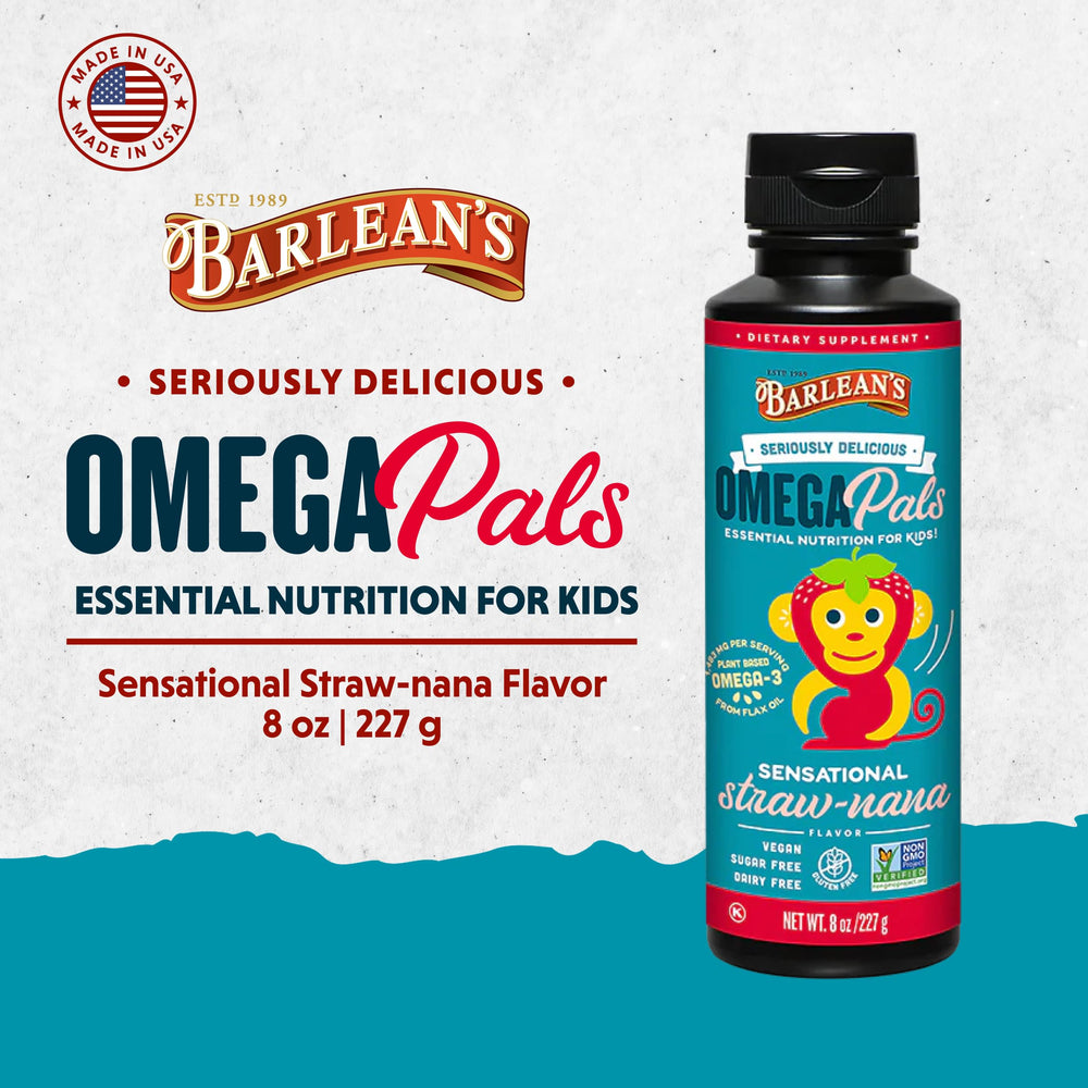 Barlean's Omega Pals spoon dispenser showing kid-friendly serving.