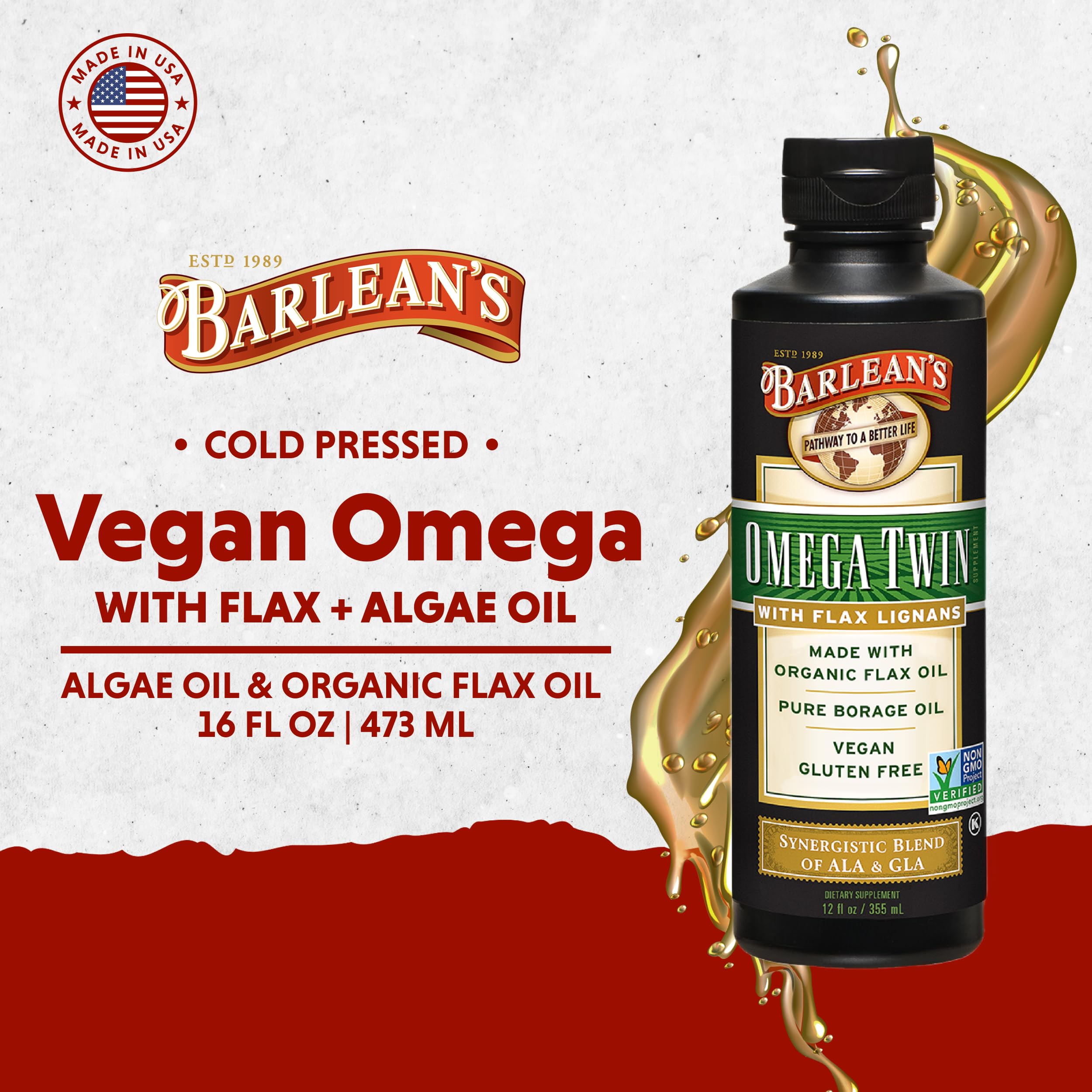 Barlean's Omega Twin label close-up showing flax and borage blend.