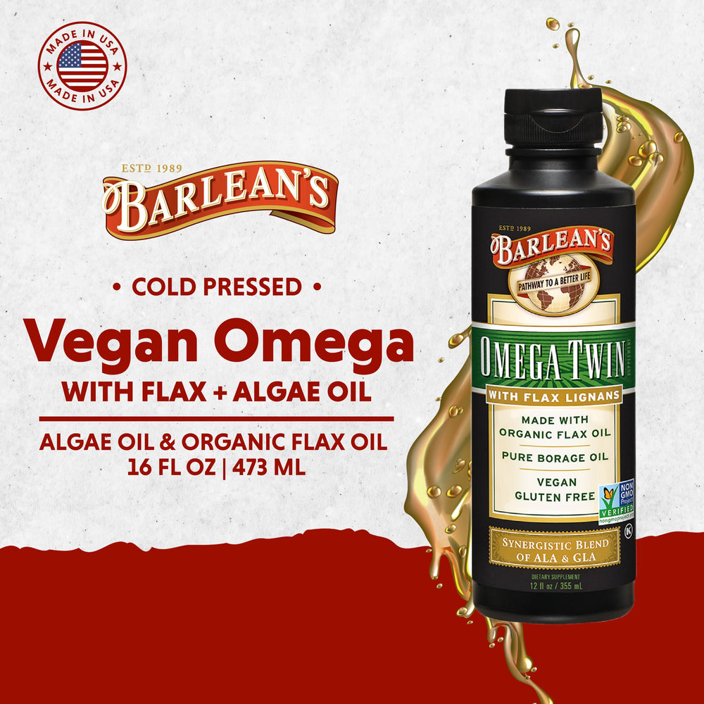 Barlean's Omega Twin label close-up showing flax and borage blend.