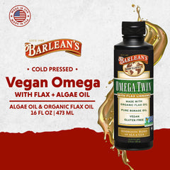 Barlean's Omega Twin label close-up showing flax and borage blend.