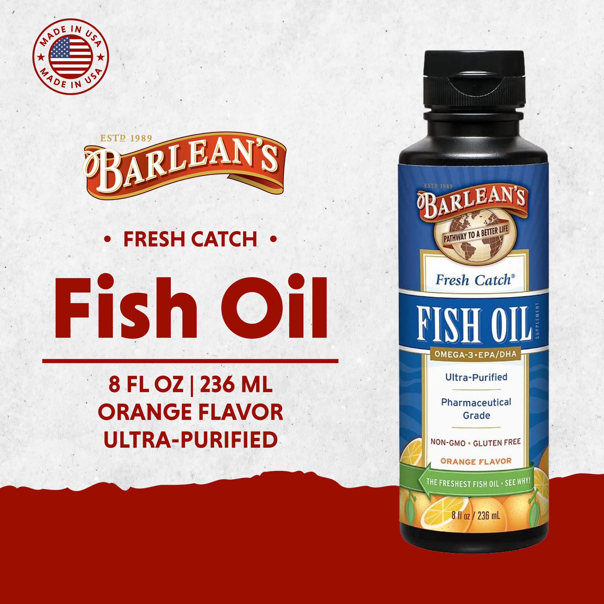 Front label of Barlean's Omega-3 highlights purity and gluten-free, non-GMO benefits.