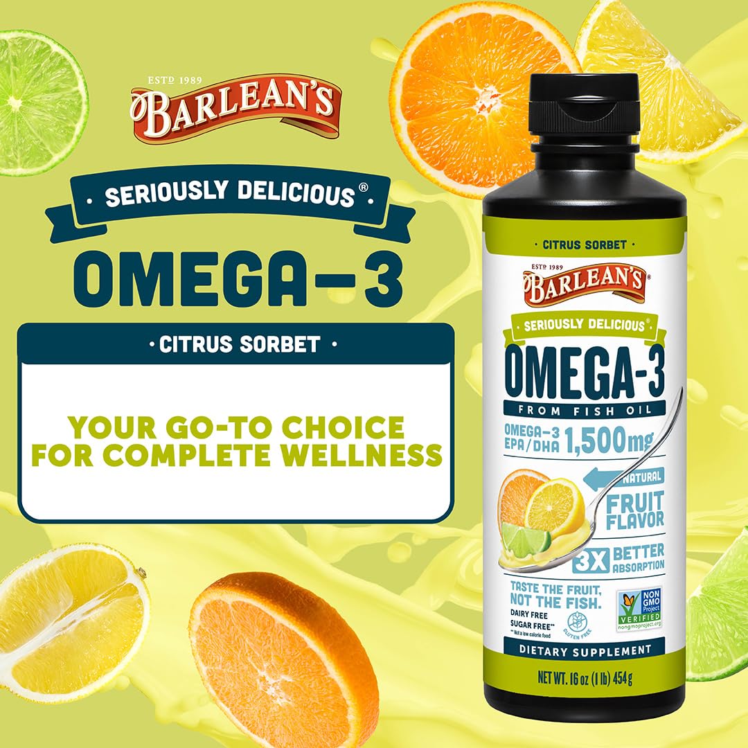 Barlean's Omega-3 liquid is poured for easy daily supplementation