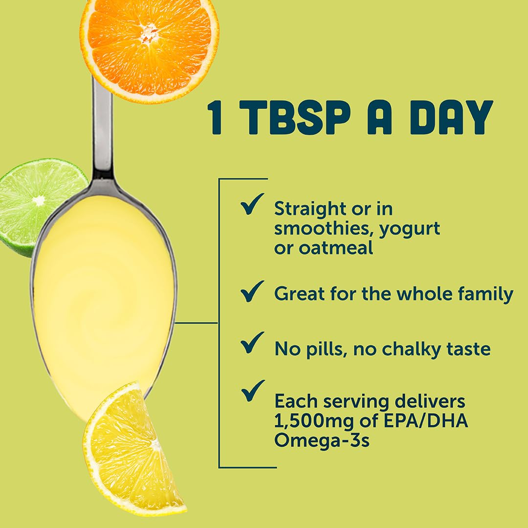 Barlean's Omega-3 Citrus Sorbet bottle emphasizes bright citrus flavor