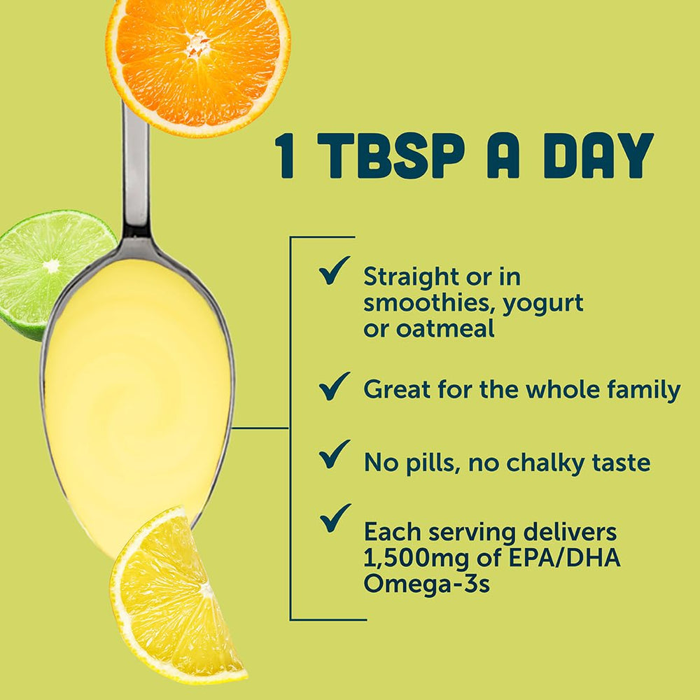Barlean's Omega-3 Citrus Sorbet bottle emphasizes bright citrus flavor