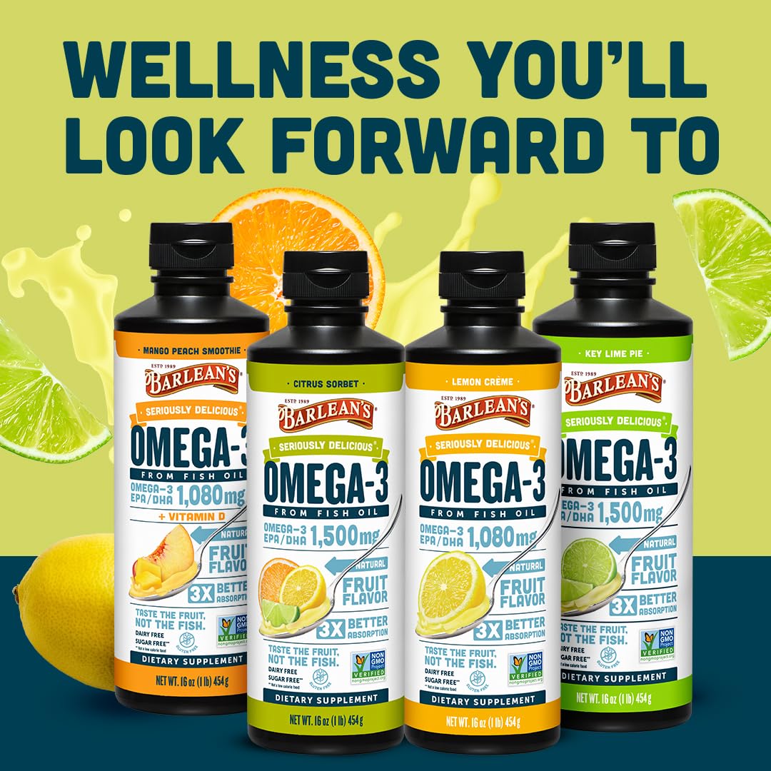 Barlean's Omega-3 bottle with a glass ready to drink