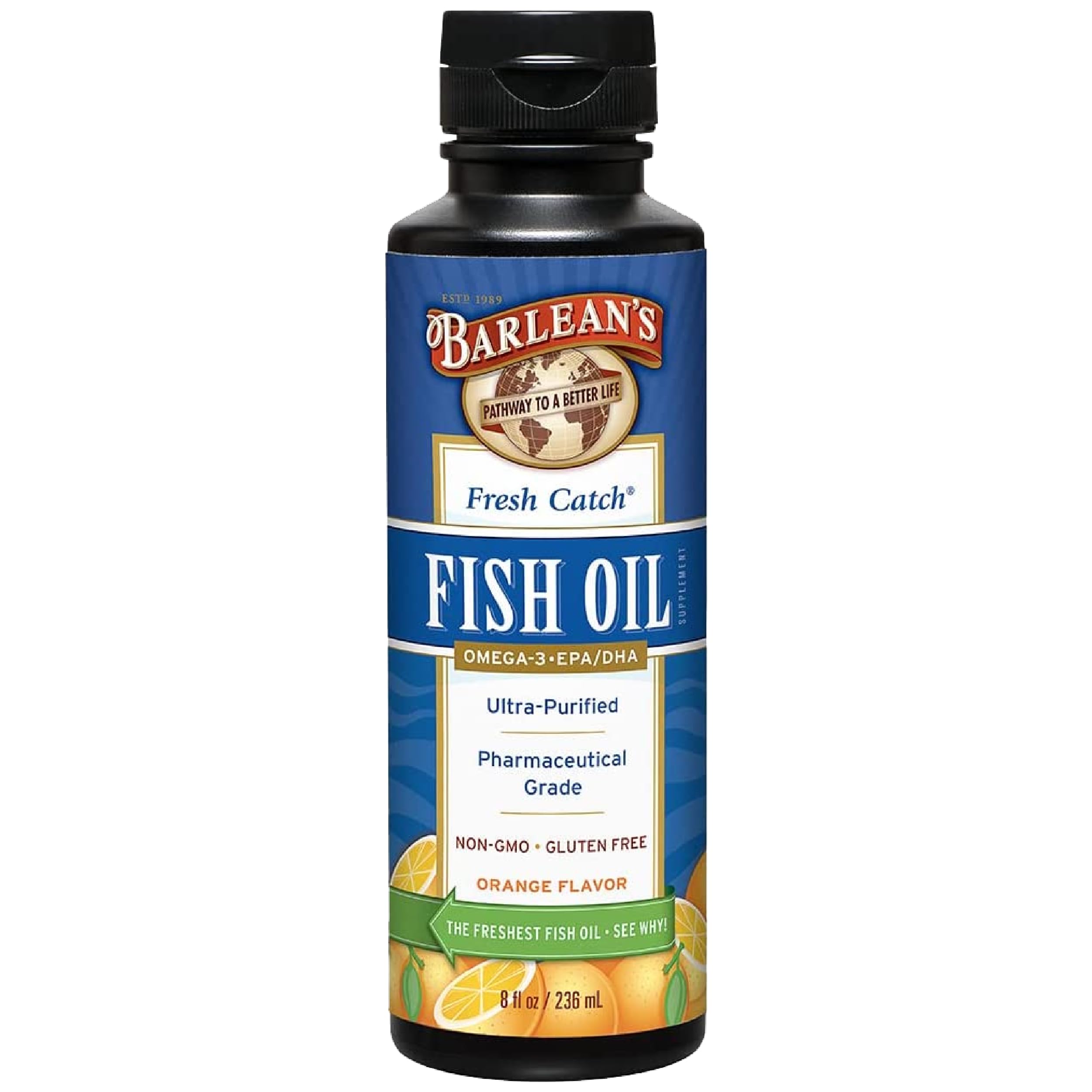 Barlean's Omega-3 liquid orange bottle on kitchen counter for easy daily supplementation.