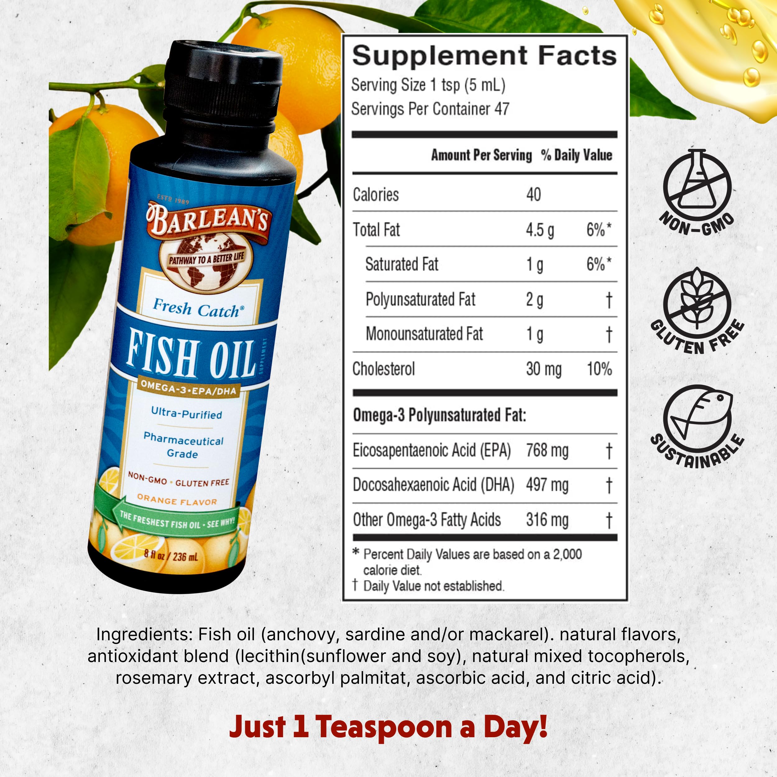 Orange-flavored omega-3 pour ready for a teaspoon serving.