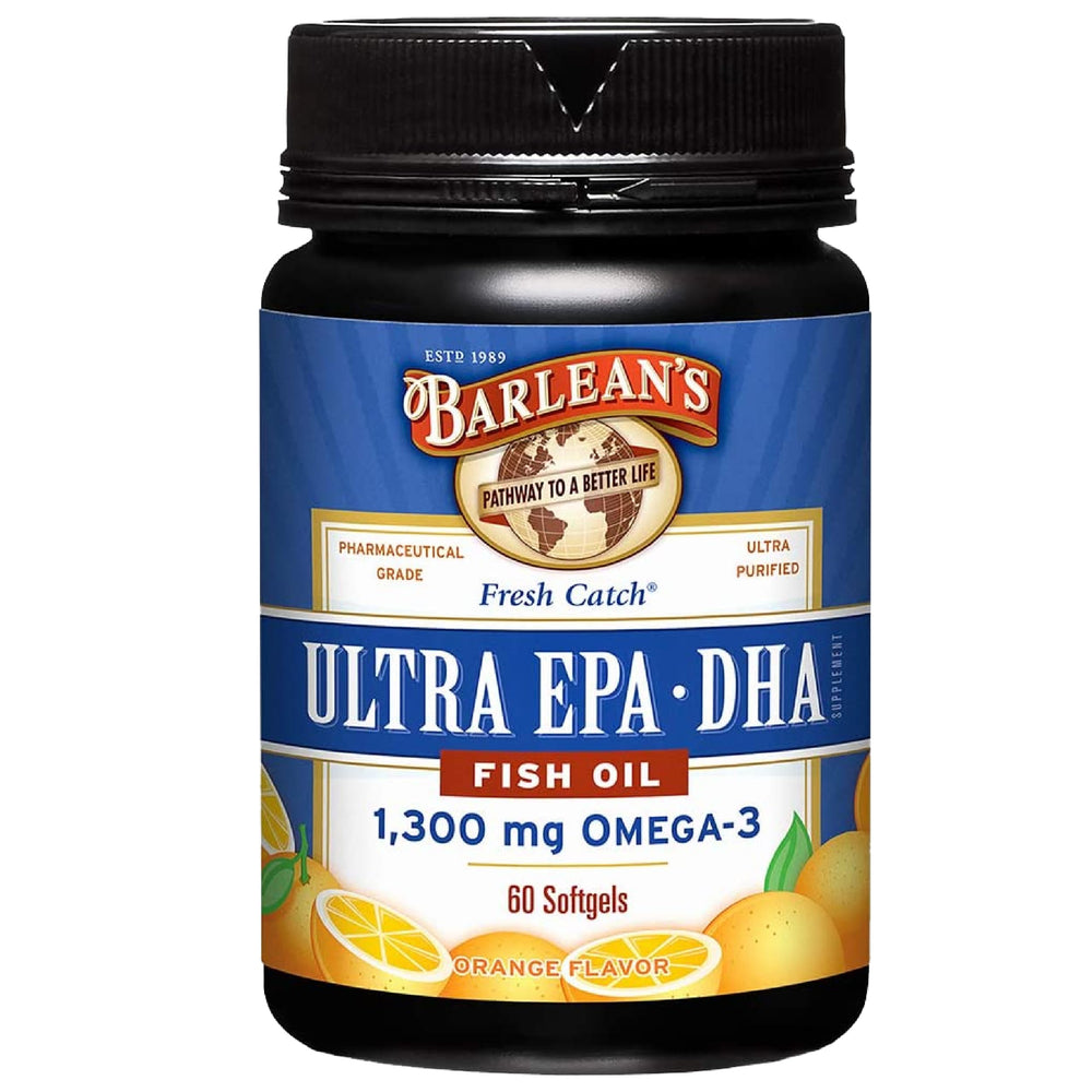 Barlean's Omega-3 orange softgels in bottle for easy daily intake.