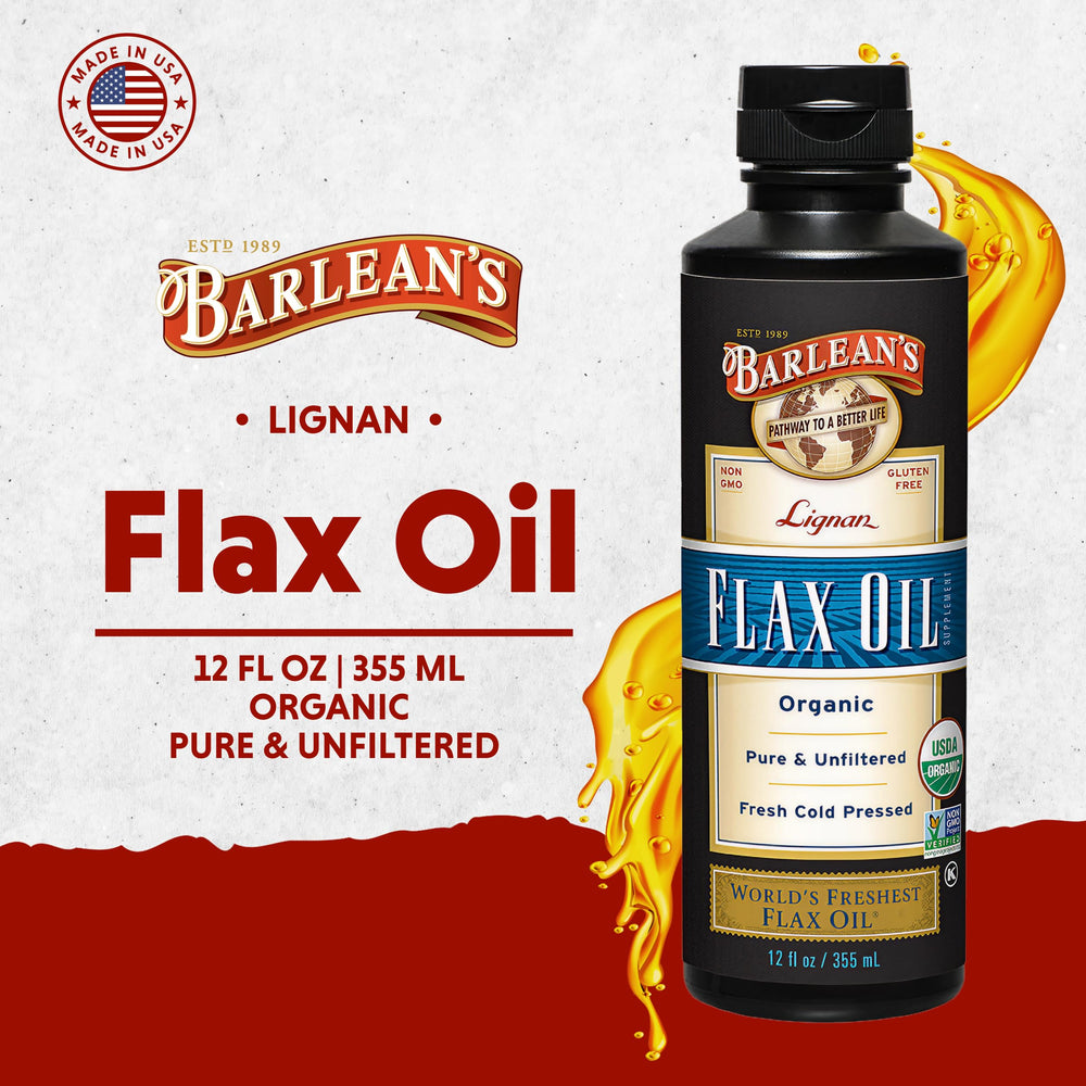 Barlean's flaxseed oil being poured for daily omega-3 use.