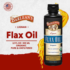 Barlean's flaxseed oil being poured for daily omega-3 use.