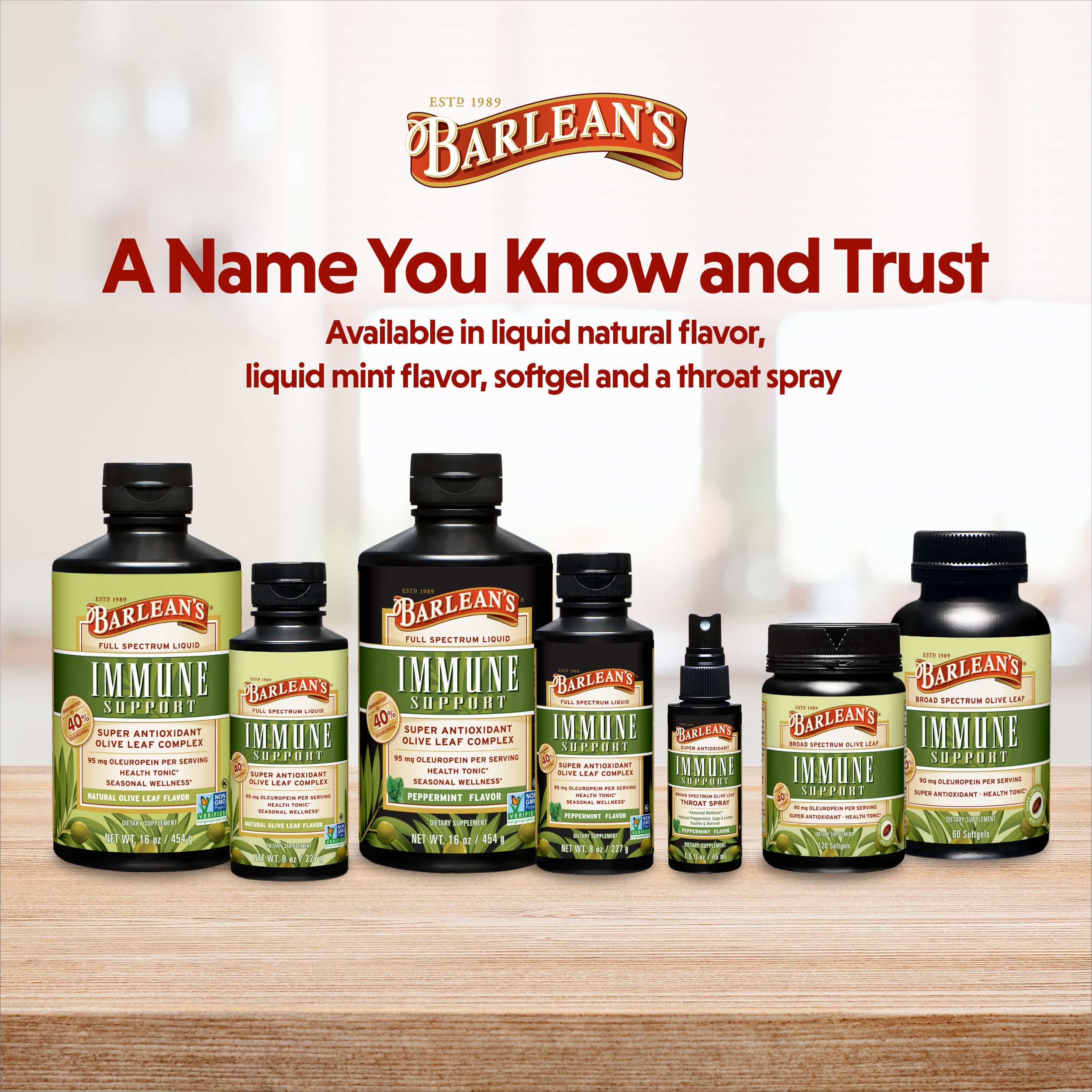 Barlean's Peppermint Olive Leaf Complex on the kitchen counter ready to use.
