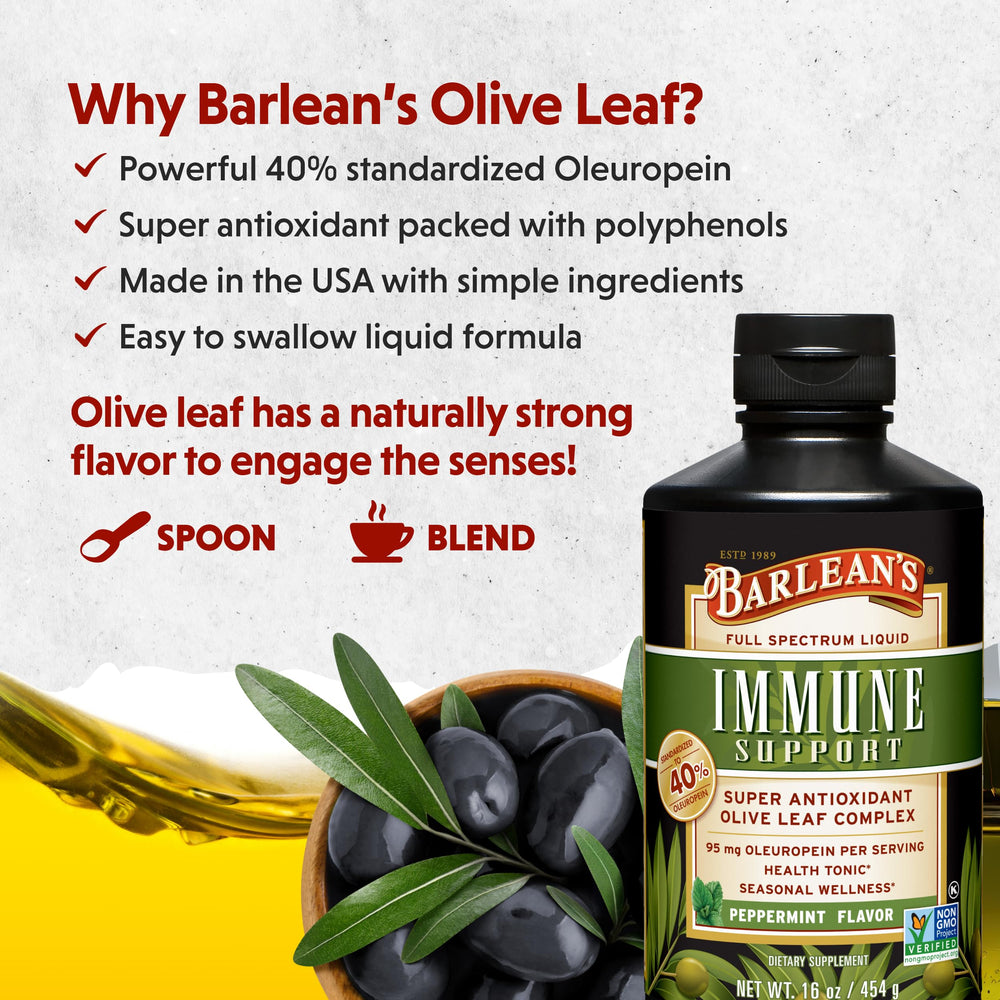 Barlean's Peppermint Olive Leaf Complex label highlights oleuropein and antioxidants