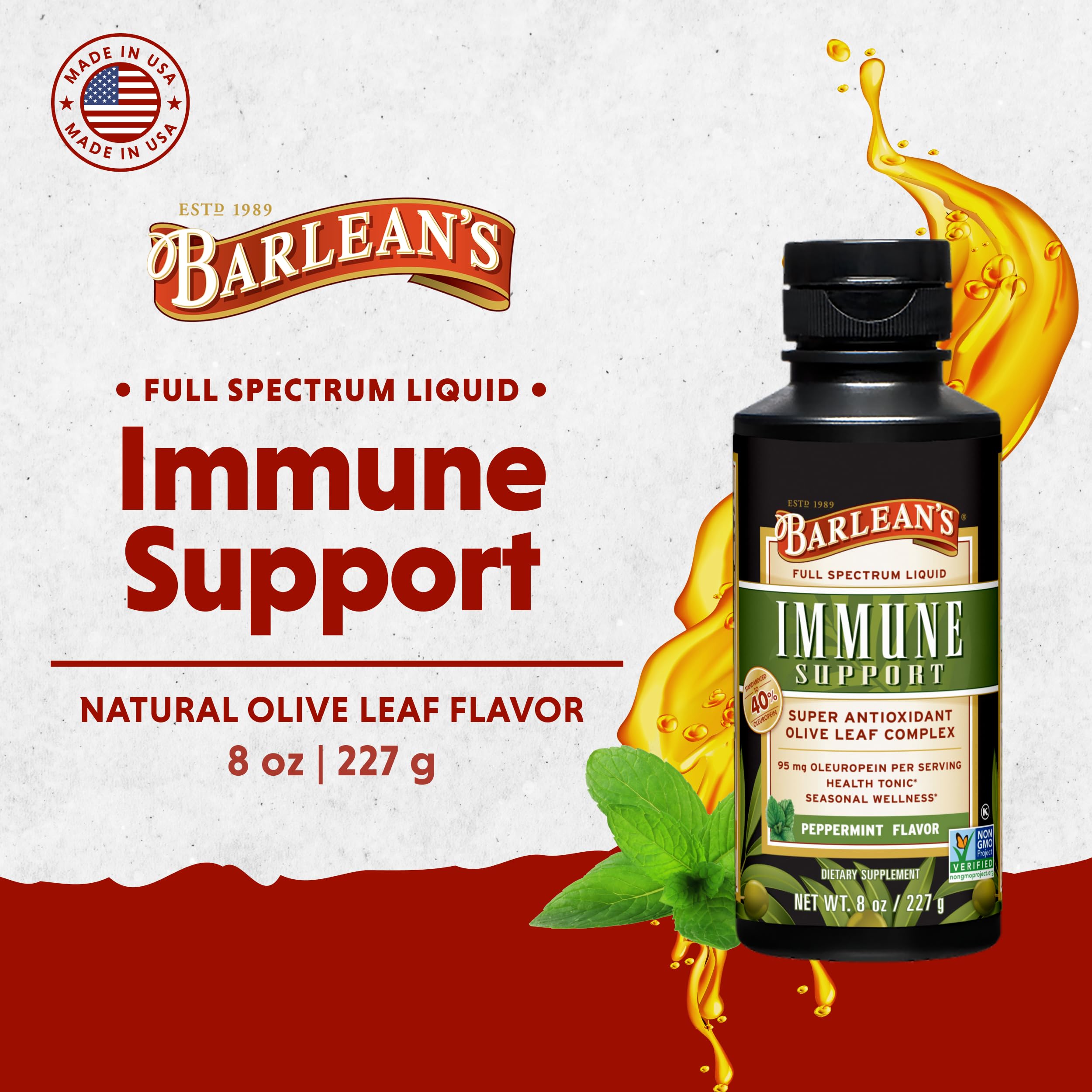 Barlean's Peppermint Olive Leaf Complex label highlights oleuropein potency for daily use.
