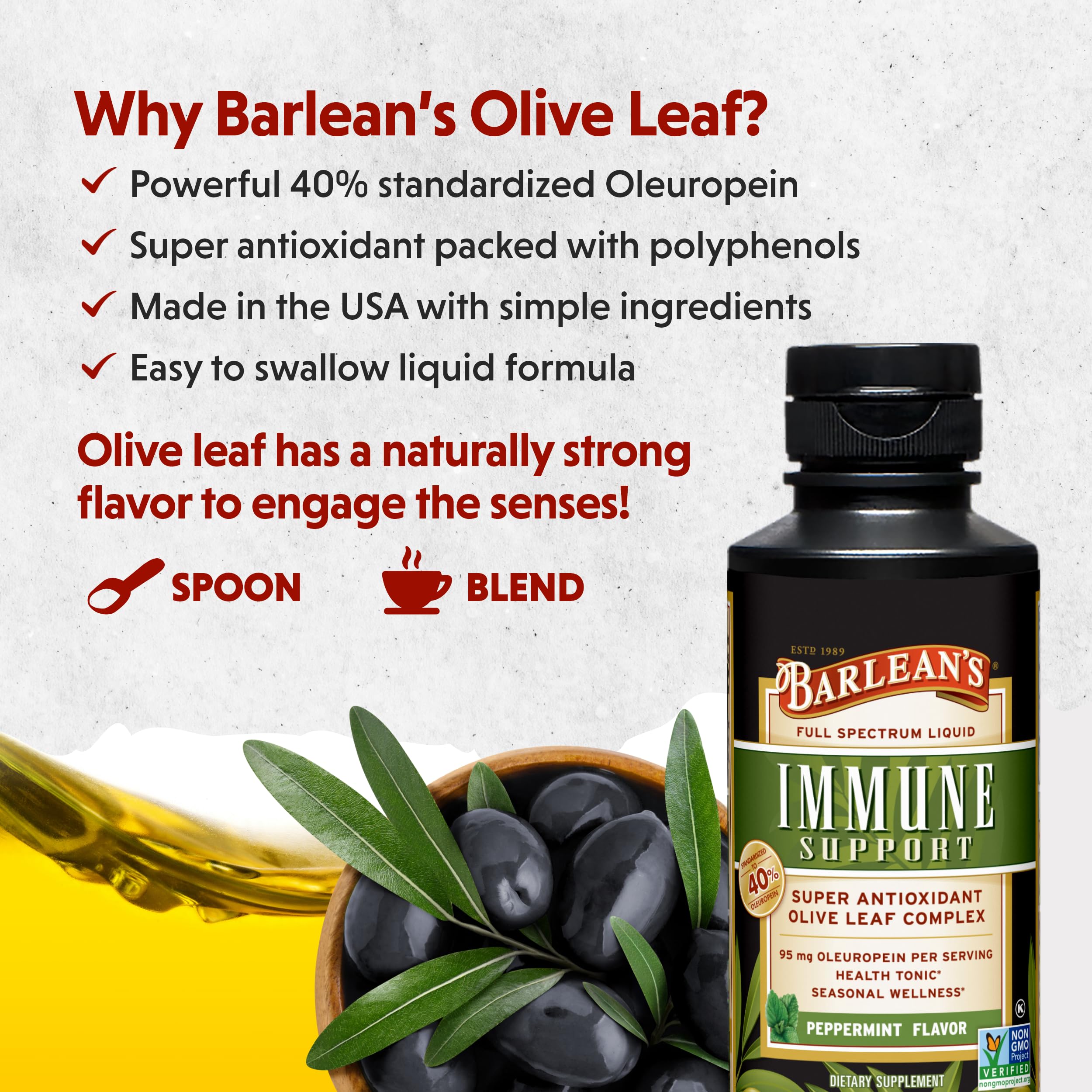 Pouring Barlean's Peppermint Olive Leaf Complex into water for a refreshing daily routine.