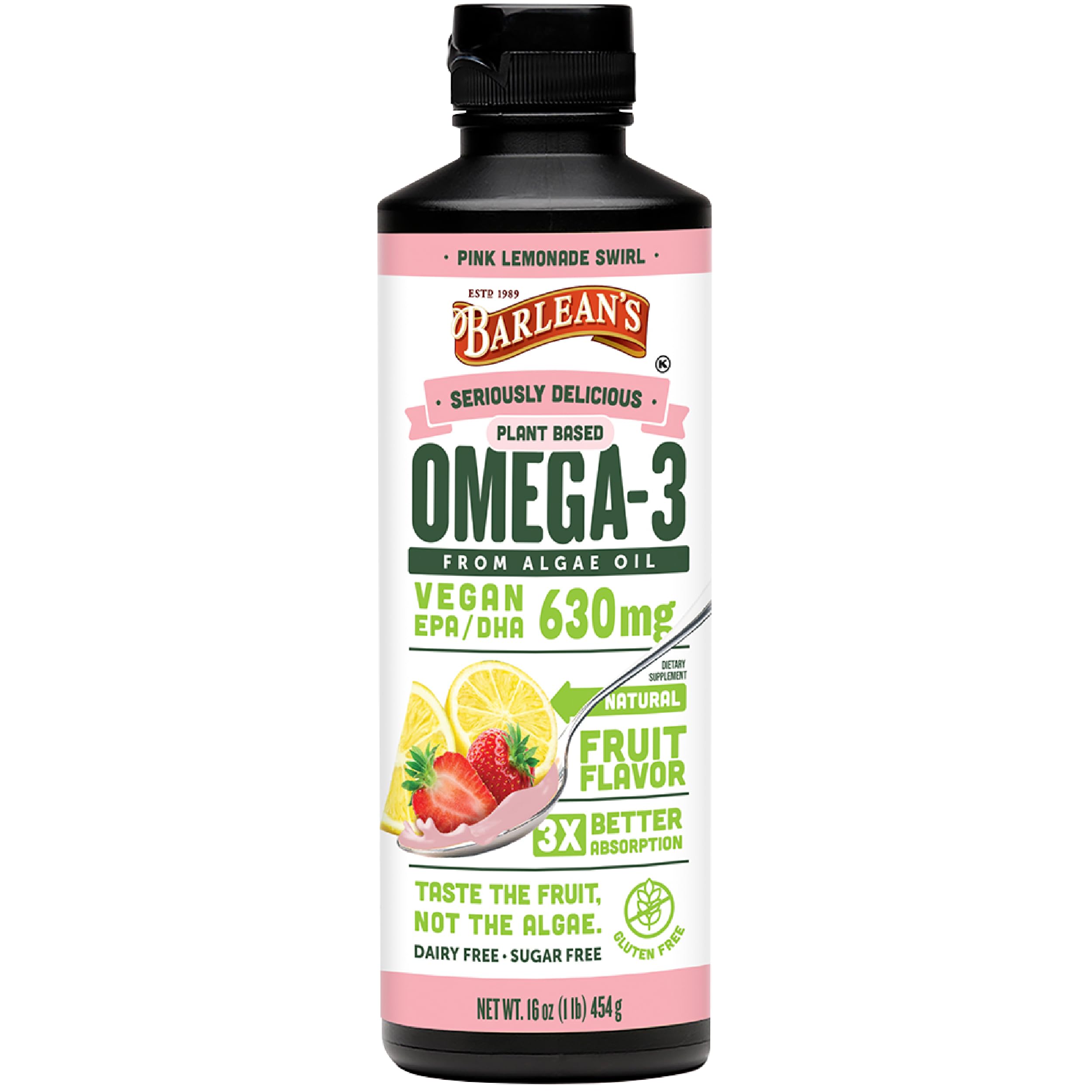 Barlean's Pink Lemonade bottle pour for a tasty daily omega-3 boost.