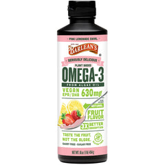 Barlean's Pink Lemonade bottle pour for a tasty daily omega-3 boost.