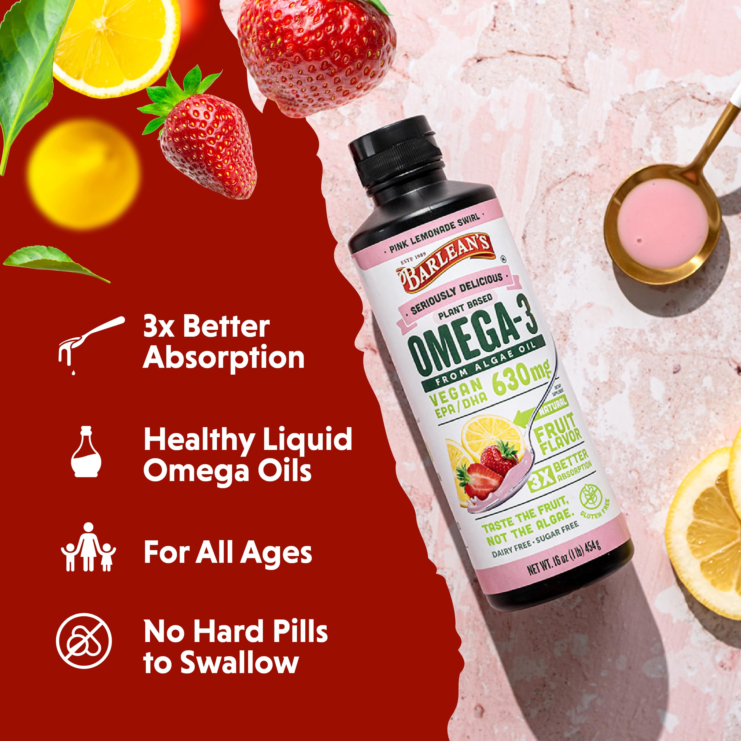 Barlean's Pink Lemonade label closeup shows non-GMO, gluten-free, vegan ingredients.